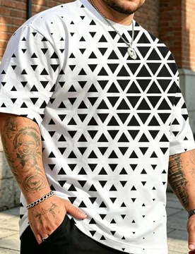 Camiseta de manga corta con estampado geométrico de triángulos en blanco y negro de difusión minimalista para hombres de talla grande, ropa de call - Shein - FashionsVida