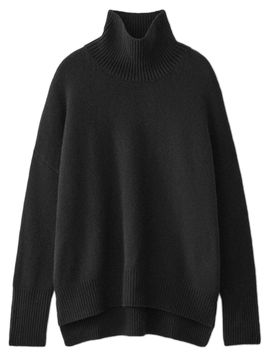 Cashmere High-Neck Sweater with Ribbed Trim & High-Low Hem