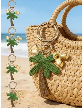 Llavero de coco tejido a mano, con letra burbuja dorada de la A a la Z, estilo de vacaciones, árbol de coco tejido de rafia, accesorios para automóv - Shein - FashionsVida