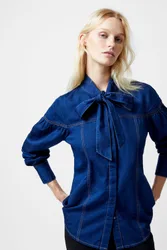 Womens Indigo Cotton Button Up Chambray Tie Neck Shirt - Indigo Blue - Size 10 Uk