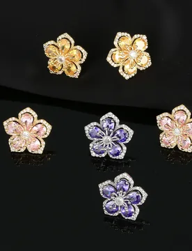 Silver Luxury Multicolor Flower Stud Earrings for Women, Gold Plated CZ Floral Earrings, Daily Party Jewelry - Aliexpress - FashionsVida