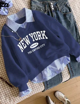 Sudadera casual para adolescentes, versátil para la escuela y el transporte, sudadera 2 en 1 con cuello de camisa, numérica y de letras, estampado d - Shein - FashionsVida
