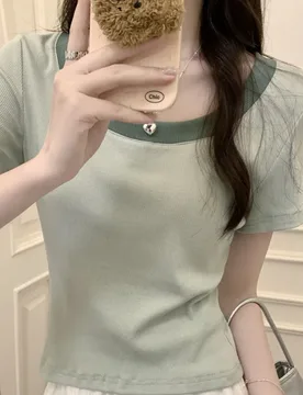 Contrast Color U-neck Front Shoulder Short-sleeved T-shirt for Women 2025 Summer New Pure Cotton T-shirt Slim Small Short Top - Aliexpress - FashionsVida
