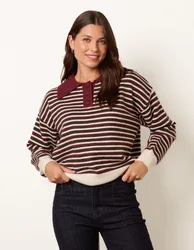 Stripe Knit Polo Jumper - S/M / BURGUNDY/CHOCOLATE - female