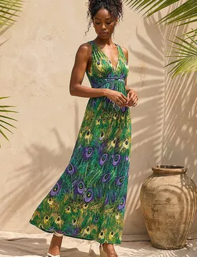 Women's Peacock Printed Stretch Maxi Dress in Green Size: 20 - Green - Size: 20 - Roman - FashionsVida