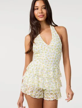 Lemon Lemon Printed Lace Halter Neck Mini Dress With Shorts - Lemon - Size: S - Pink Vanilla - FashionsVida