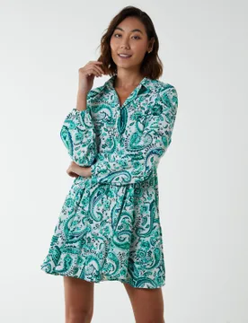 Paisley Button Down Dress - S / GREEN - female - Blue Vanilla - FashionsVida
