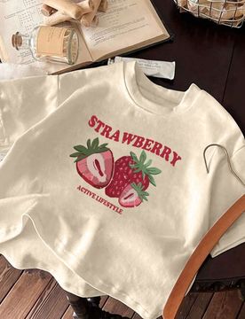 Camiseta holgada con estampado de fresa linda para niñas, top de estilo dulce para adolescentes en verano