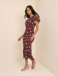 Polka Dot Round Neck Midaxi Tea Dress Brown female