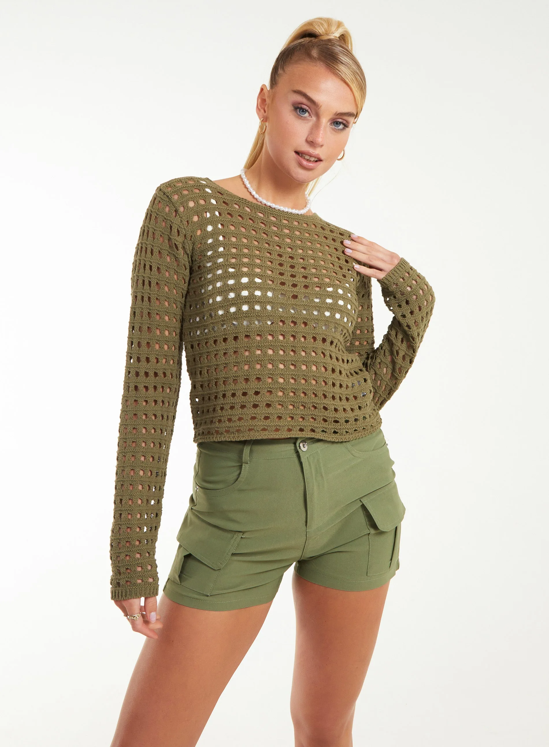 Womens Long Sleeve Crochet Top - Khaki - Size Medium - Pink Vanilla - FashionsVida