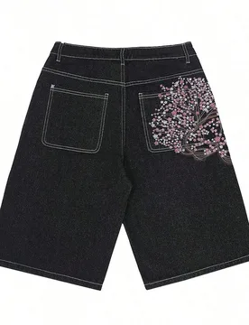 Pantalones cortos de seis puntos para hombre, vaqueros de pierna ancha y holgados con bordado de flor de cerezo retro y bolsillos falsos en la parte t - Shein - FashionsVida