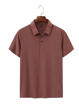 Camisa polo de manga corta con estampado de rayas casual para hombres, adecuada para vacaciones de verano y viajes diarios - Shein - FashionsVida