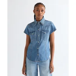 Camisa vaquera de manga corta de mujer en azul