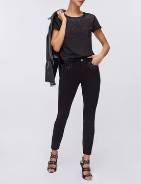 Pantaloni skinny Liu Jo Sport neri in misto viscosa con strass applicati sul davanti - Liujo - FashionsVida