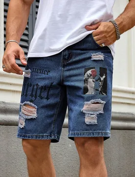 Pantalones cortos vaqueros desgastados con estampado de letras y gráfico casual de calle para hombre, azul, para escapada urbana y vacaciones de vera - Shein - FashionsVida