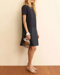 Abito corto blu in jersey con inserto in popeline e balza a contrasto