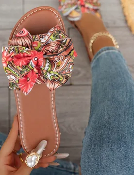 Sandalias elegantes de verano para mujer, estilo bohemio, parte superior con estampado floral, planas de punta redonda y abierta decoradas con lazo de - Shein - FashionsVida