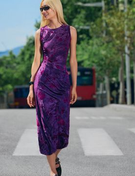 Vestido midi flocado, Mujer, Poliester, Rojo, XS