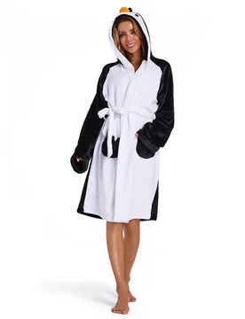 Women Adult Penguin Animal Onesie Plush Bathrobe Soft Flannel Warm Home Robe - S - OLAOLA - FashionsVida