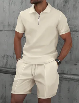 Conjunto de 2 piezas para hombre, Camisa polo de manga corta con solapa y cremallera clásica hecha de tela de gofre + Pantalones cortos, Atuendo casu - Shein - FashionsVida