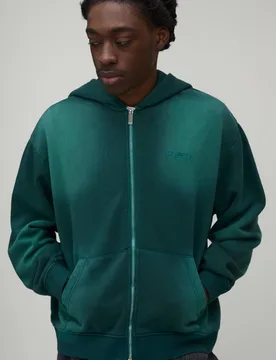 Men's Oversized Boxy Spray Wash Man Embroidered Double Ended Zip Through Hoodie Green Size Medium Green M - boohooMAN - FashionsVida