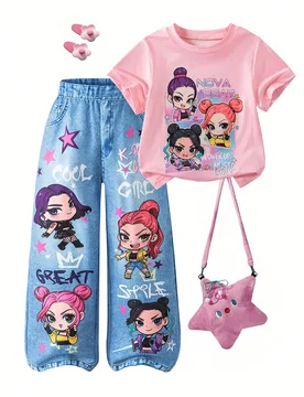 Conjunto de dos piezas con top de cuello redondo y manga corta en color rosa claro y pantalones de pierna ancha, top estampado con niña de dibujos an - Shein - FashionsVida