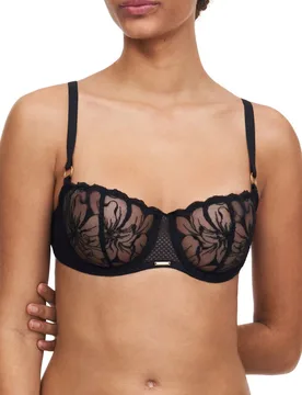 Womens Fleurs Half Cup Balcony Bra - Black Nylon - Size 32e - Chantelle - FashionsVida