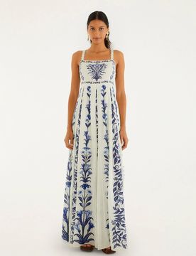 Maxi Dress with Flower Arch Print and Scalloped Shoulder Straps