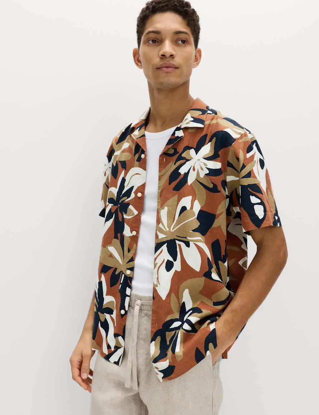 Linen Rich Hawaiian Shirt Rust Mix male - M&S - FashionsVida