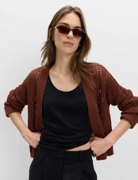 Cotton Blend Open Stitch Relaxed Cropped Cardigan Conker female - M&S - FashionsVida