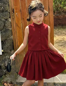 Conjunto de 2 piezas para niñas jóvenes con top sin mangas con botones y falda de largo medio, moda casual cómoda en verde militar - Shein - FashionsVida