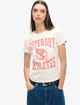 Superdry Damen Tailliertes, Beflocktes Varsity T-shirt Weiß - Größe: 36 - 44.99 - FashionsVida
