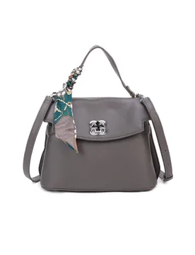Women's Iris Clover Lock PU Leather Crossbody Top-Handle Bag with Silk Scarf in Dark Grey - Dark Grey - Size: One Size - Fontanella Fashion - FashionsVida