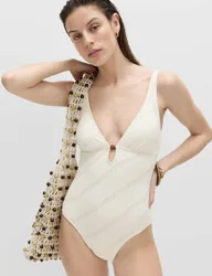 Textured Padded Bead Detail Plunge Swimsuit Ivory female