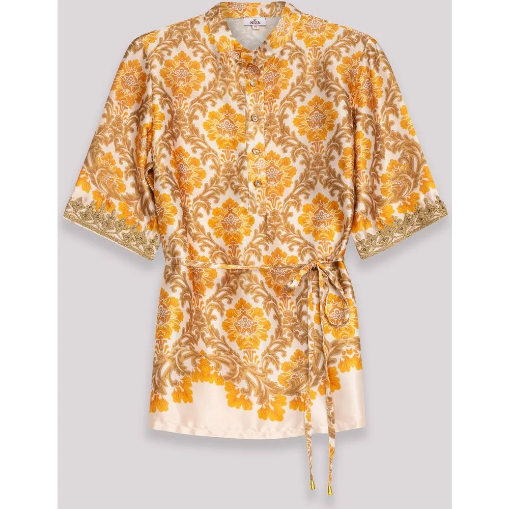 Blusa de mujer estampada con manga corta cierre frontal y lazada lateral - Niza - FashionsVida