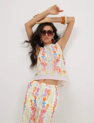 Cotton Rich Sea Print Tie Detail Top Cream Mix female