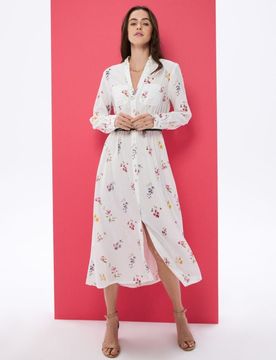 Abito midi stile camicia con viscosa e misto lino con stampa floreale - multicolor