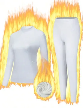 Set de ropa interior térmica de cuello alto blanca para mujer, diseño de moda, ajuste ceñido, cálida y cómoda, elástica, regalo de otoño/invier - Shein - FashionsVida