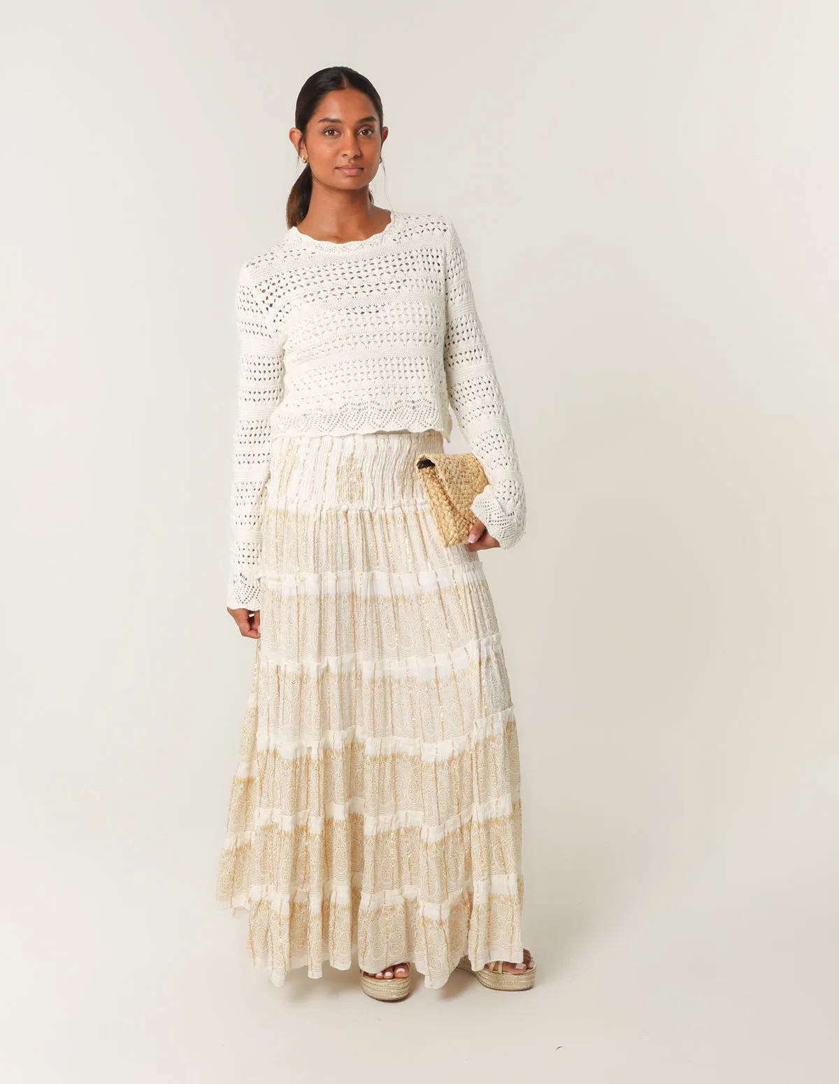 Foil Tiered Maxi Skirt - S/M / IVORY - female - Blue Vanilla - FashionsVida