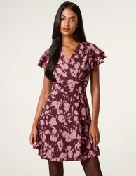 Printed Frill Sleeve Mini Dress - 8 / BURGUNDY - female