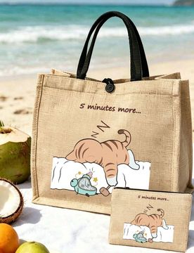 Bolso Tote, Bolso de Mano con Estampado de Gato Durmiente y Perro Teddy con Auriculares, Bolsa de Compras de Supermercado y Almacenamiento de Viaje, M