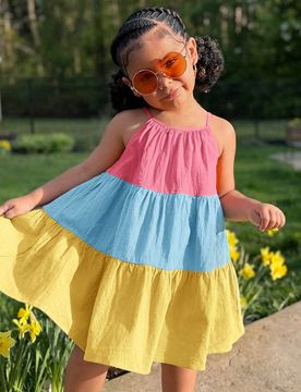 Vestido casual de calle para niña joven con cuello halter, línea A y bloques de color, adecuado para vacaciones, playa y
