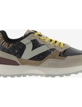 Zapatillas deportivas de mujer de glitter con piezas de serraje y animal print - Victoria - FashionsVida