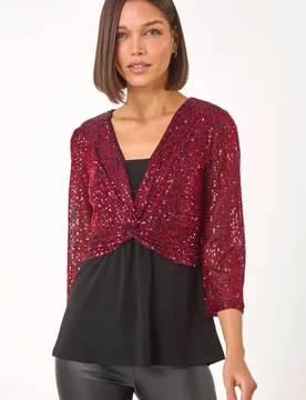 Women's Sequin Bodice V-Neck Stretch Top in Red Size: 20 - Red - Size: 20 - Roman - FashionsVida