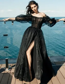 New Glitter Black Evening Dresses Puffy Sleeve Side Split Sequins Long Formal Prom Party Gowns Gothic Robe De Soriee - Aliexpress - FashionsVida
