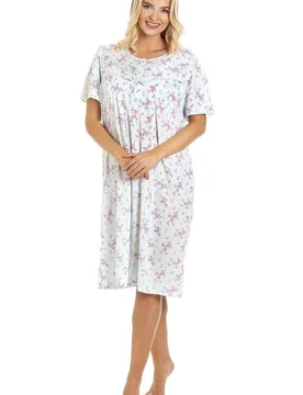Women's Classic Short Sleeve Floral Nightdress in Aqua Size: 10-12 - Aqua - Size: 10-12 - Camille - FashionsVida