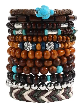 Retro Bohemian National Style String Wooden Bead Turtle Elastic Bracelet 12-Piece Pair Bracelet Creative Bracelet Jewelry Set - Aliexpress - FashionsVida