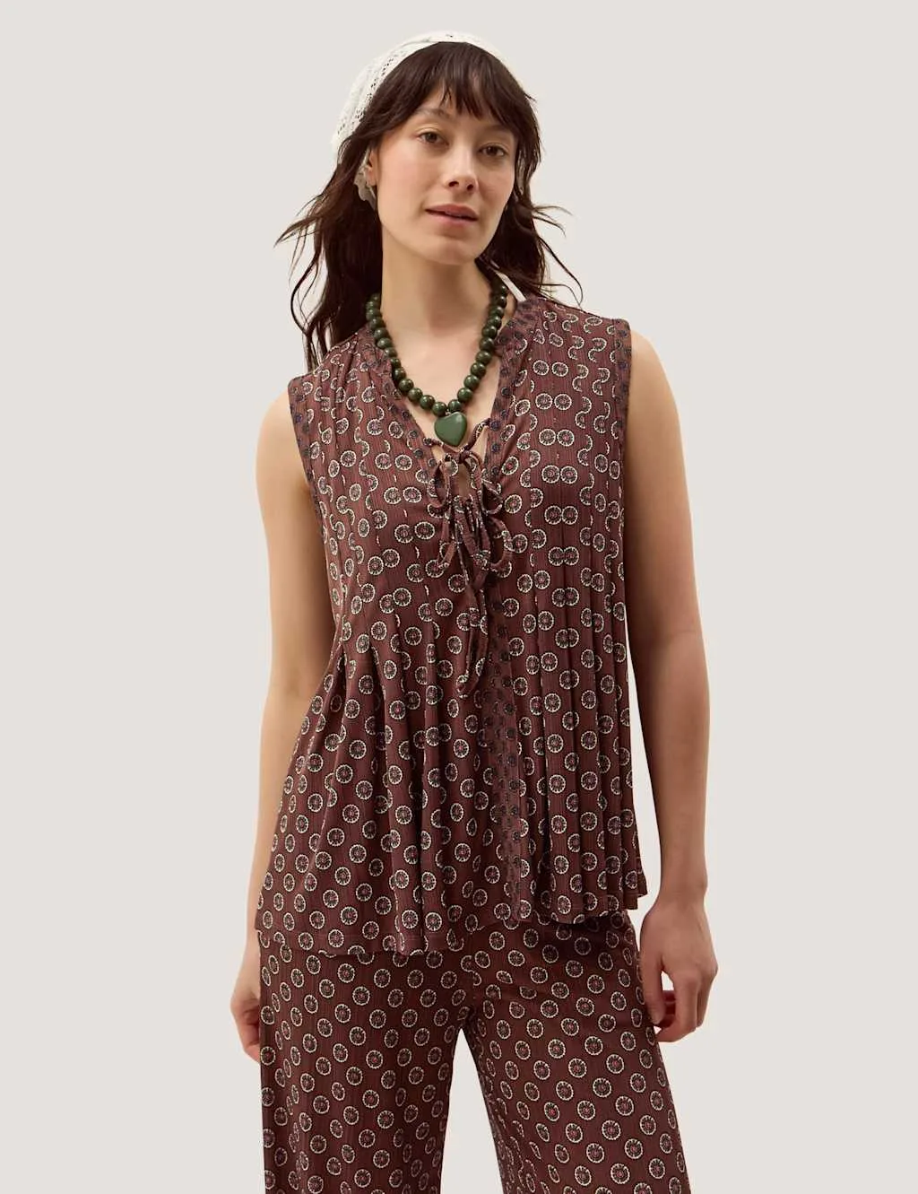 Jersey Geometric Tie Neck Top Chocolate female - Monsoon - FashionsVida