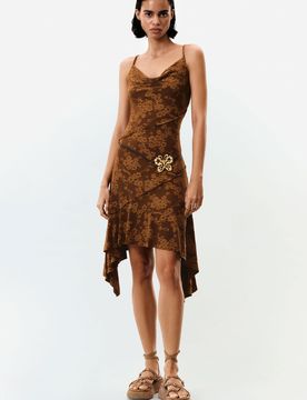 Vestido tirantes asimétrico, Mujer, Poliester, MarróN, XS