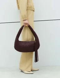 Woven Rounded Hobo Bag Burgundy female